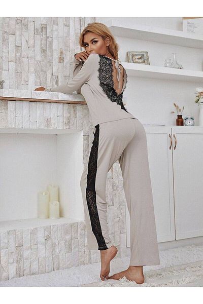 Cesur Stylish Women's Pajama Set with Stone Color Lace and Low Cut - Dove