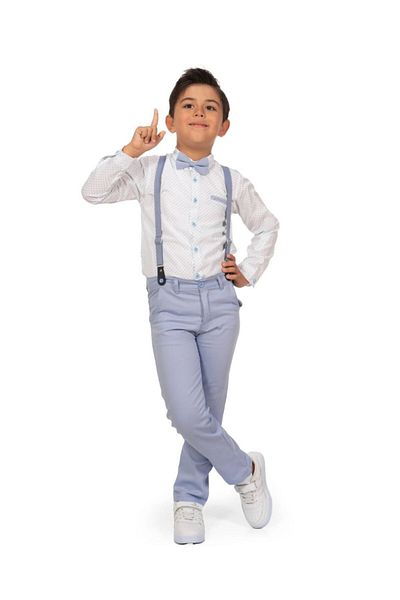 Minigimin Cicileri My Little Flowers Long Sleeve Bow Tie Shirt Strappy Gabardine Boy Set - White-Blue