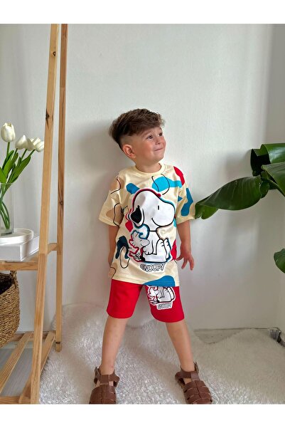 Minigimin Cicileri Costum 2 piese de vară cu imprimeu Snpy pentru băiat - crem