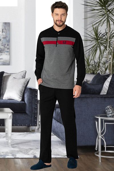Mecit Pijama Σετ μακρυμάνικη πιτζάμες 2763 Ανδρικό Γκρι Plus Size