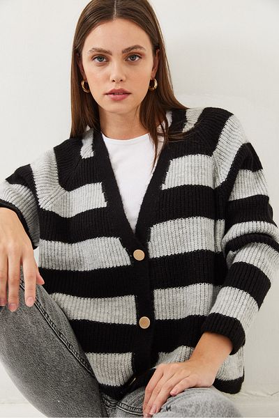 Bianco Lucci Women's Striped Three-Button Knitwear Cardigan 20247538