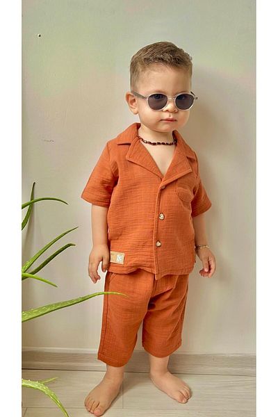 Minigimin Cicileri Boy's Set - My Little's Flowers, Muslin Jacket Collar, Cotton Shorts, Tile