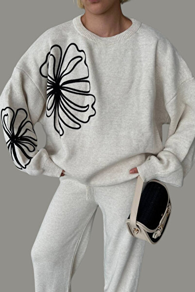 mefru Γυναικείο σετ πλεκτού με μπλούζα και παντελόνι με λεπτομέρειες λουλουδιών