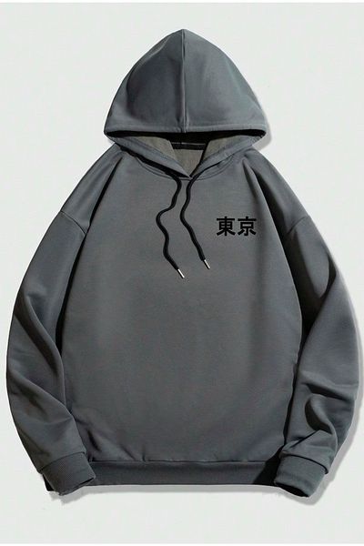 Black Sokak Tokyo Japan Anime Printed Oversize Hooded Anthracite Men's Sweatshirt