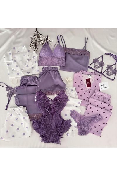 MH Moony Homewears Set de zestre pentru lenjerie de corp, doar pijama ultra din satin, cutie de 13 piese