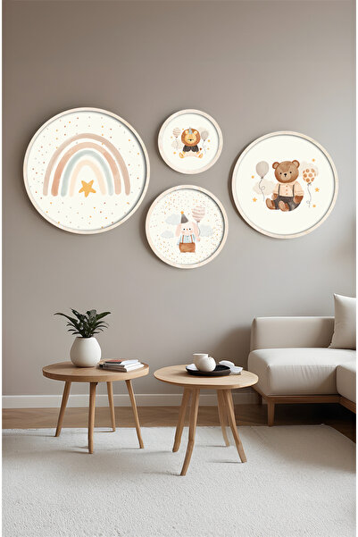 huhuli Ahşap Çerçeveli Modern 4'lü Yuvarlak Tablo Seti Huhu422