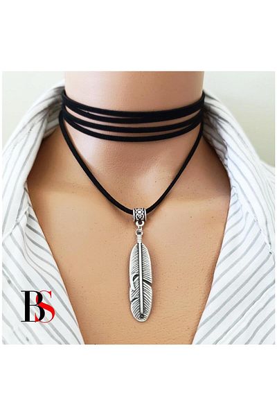 Bijustore Black Suede - Feather Necklace Women's Choker Necklace
