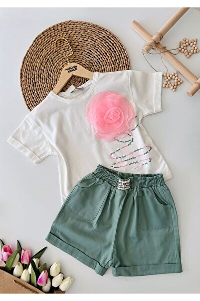Minigimin Cicileri Set fetiță cu pantaloni scurți de in verde - trandafiri br...