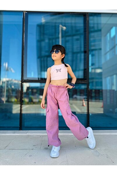 Minigimin Cicileri Girl - Dusty Rose My Little Butterfly Printed Parachute Pants Set