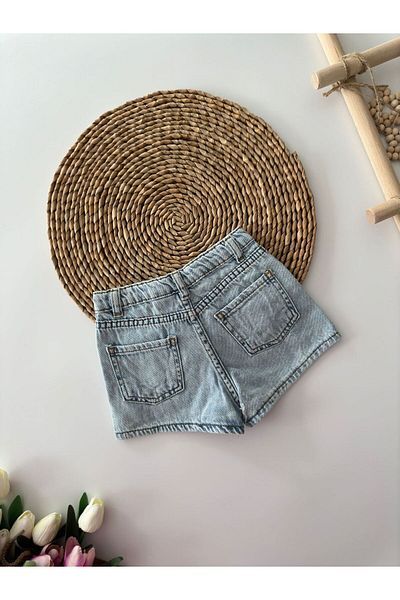 Minigimin Cicileri My Little Girl's Denim Shorts - Flower Embroidered, Light Blue