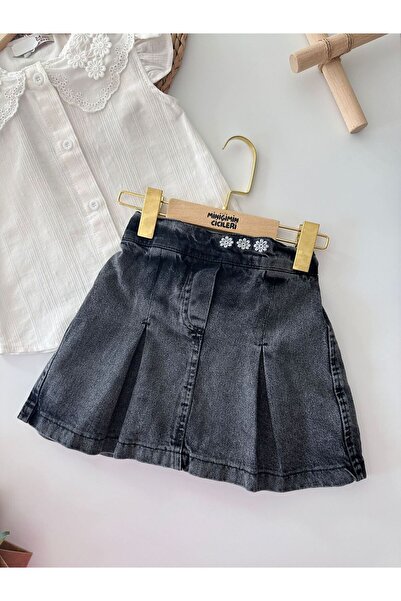 Minigimin Cicileri Κοριτσίστικο Σετ - Μικρό μου Στρίφωμα και Τζιν Φούστα με Γιακά Με Γκουπέρ - Λευκό