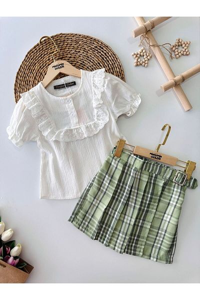 Minigimin Cicileri Green Girl's Set - My Mini's Plaid Belted Shorts Skirt