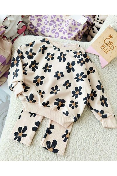 Minigimin Cicileri Girl's Set with Ribbed Tights and Floral Pattern - Beige