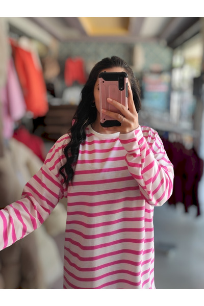 Sublime Butik Beyaz Pembe Çizgili Kadın Tunik Bisiklet Yaka Sweatshirt