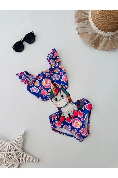 Minigimin Cicileri My Little One's Cicileri Uncrn Embroidery Patterned Girl's Frilly Strap Swimsuit - Multicolor