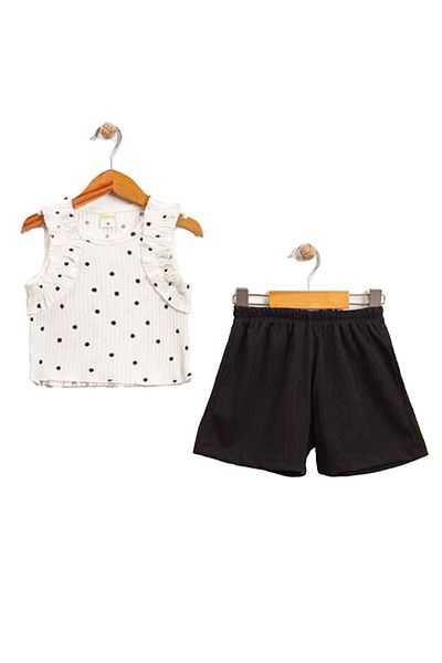 Minigimin Cicileri Polka Dot Patterned My Little Flowers - White Cotton Girl's Set with Ruffle Sleeve Detail