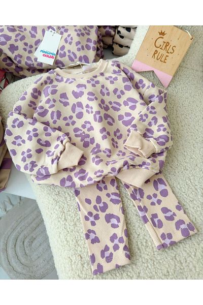 Minigimin Cicileri My Little Girl's Suit with Ribbed Tights - Leopard Pattern, Purple