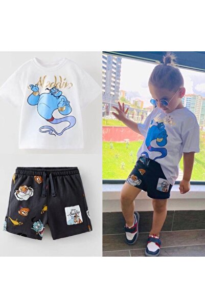 Minigimin Cicileri Aladdin Printed My Little Flowers Cotton Shorts Set - Blue