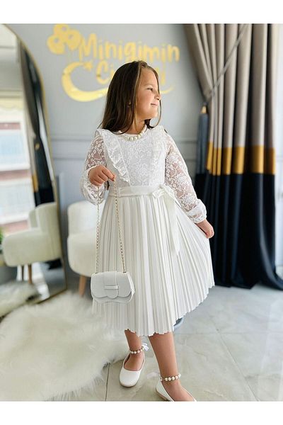 Minigimin Cicileri Rochie de seara pentru fete alba - domnisoarele mamei mele, geanta plisata cu detalii din dantela si accesoriu colier