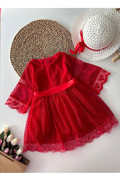 Minigimin Cicileri Red Girl's Dress - My Junior's Flowers, Polka Dot Tulle and Hat