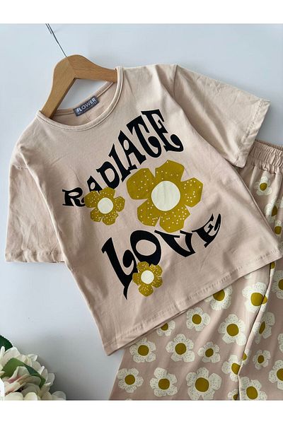 Minigimin Cicileri Комплект самурайски панталони с щампа Love Daisy за момичета за малки деца - норка