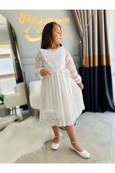 Minigimin Cicileri Rochie de seara pentru fete alba - domnisoarele mamei mele, geanta plisata cu detalii din dantela si accesoriu colier