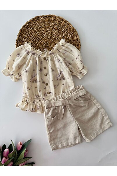 Minigimin Cicileri Mortaş My Mini's Flowers Watermelon Sleeve Boat Neck Shorts Muslin Set