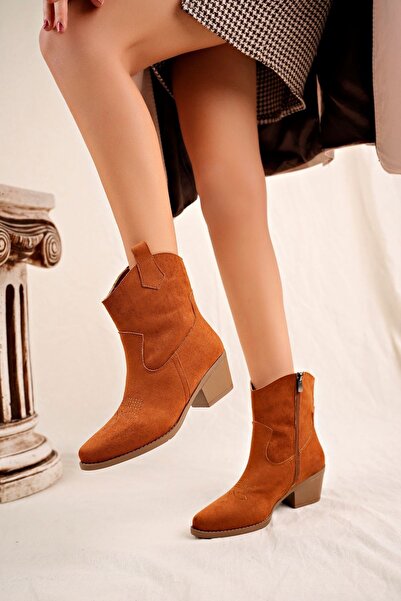 Jomoti Fermuarlı Taba Süet Kısa Kovboy Çizme