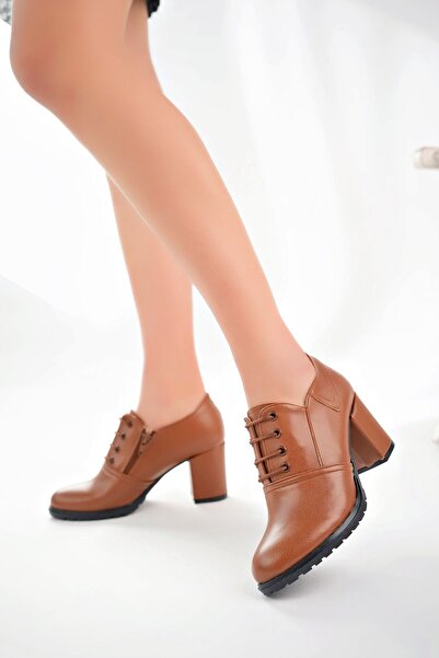 Jomoti Fermuarlı Bağcıklı Taba Cilt Kadın Ayakkabı