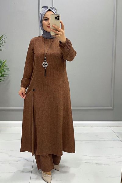 ERVA "Slit and Necklace Detailed Winter Wrap Fabric Hijab Double Set