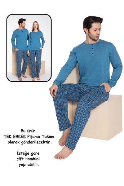 bie's Erkek-çift Sevgili Eş Kombin Olabilir-mavi Ekose Modal Uzun Kol Pijama Takımı-1 Adet Ürün Fiyatıdır