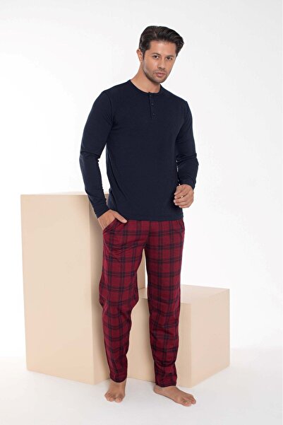 bie's Синьо-бордовий картатий модальний піжамний комплект з довгими рукавами для чоловіків - для пари, 1 шт.