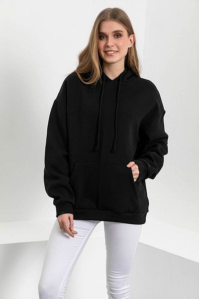 Moda Glo Μαύρο φούτερ με κουκούλα καγκουρό με τσέπη