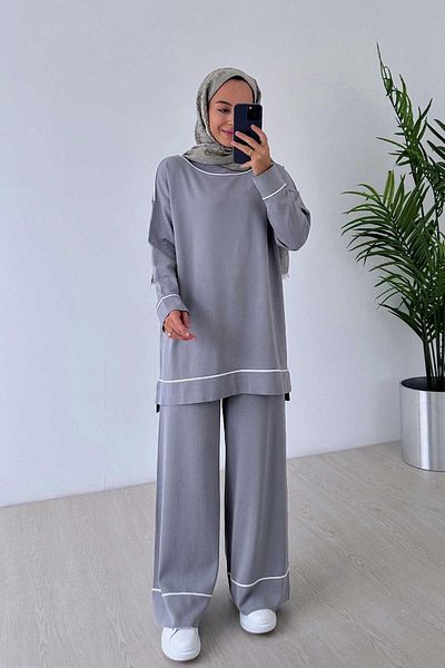 Ka Hijab طقم مرسيريزد رمادي - تفاصيل الأنابيب