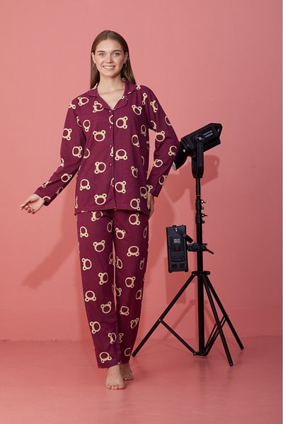 CALİA Women's Seasonal Cotton Combed Pajamas Set Front Buttoned