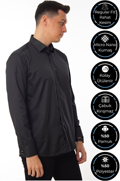 Dicotto Чорна класична сорочка з мікротканини з ґудзиками на рукавах - 190-6