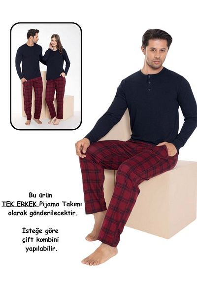 bie's Σετ ανδρικών πιτζάμες Navy Blue Claret Red καρό Modal μακρυμάνικο - Couple Lover 1 τμχ
