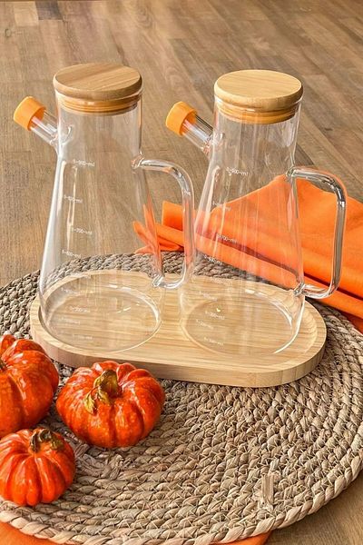 Kapris 2 Pieces Bamboo Lid Borosilicate Glass Oil Vinegar Bowl 900ml 16532