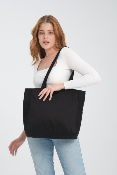 OKTAYUSTA COLLECTİON 100% βαμβακερή πάνινη μαύρη τσάντα με μεγάλη λεπτομέρεια διπλής τσέπης και φερμουάρ