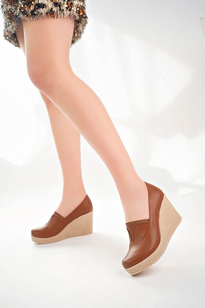 Jomoti Wedge Sole Elastic Tan Leather Shoes