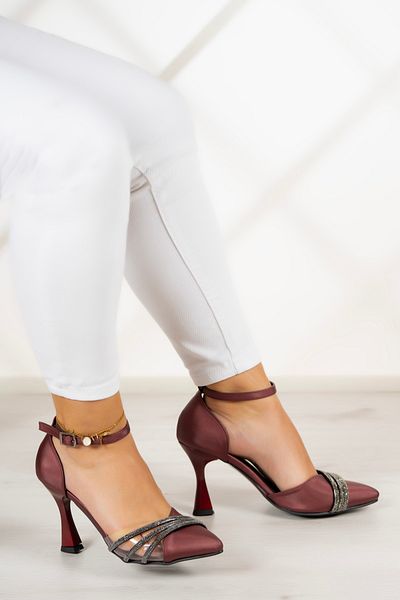 Erkan Saçmacı Çağla Claret Roșu Satin Stoned Transparent Designed Pantofi