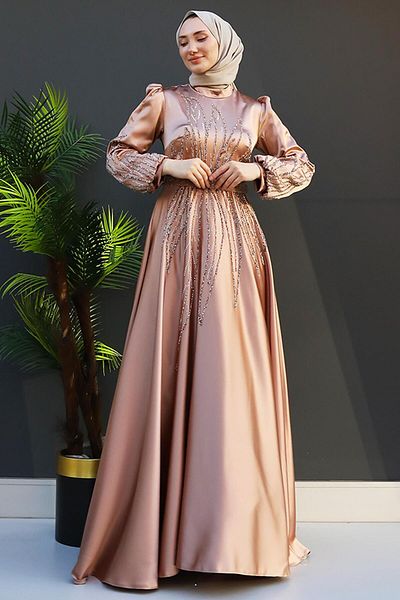GİZ AGİYİM Alina Hijab βραδινό φόρεμα σε σκόνη