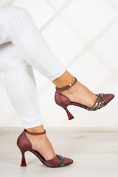 Erkan Saçmacı Çağla Claret Roșu Satin Stoned Transparent Designed Pantofi