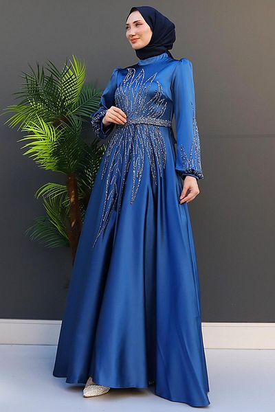 GİZ AGİYİM Indigo Alina Hijab Evening Dress