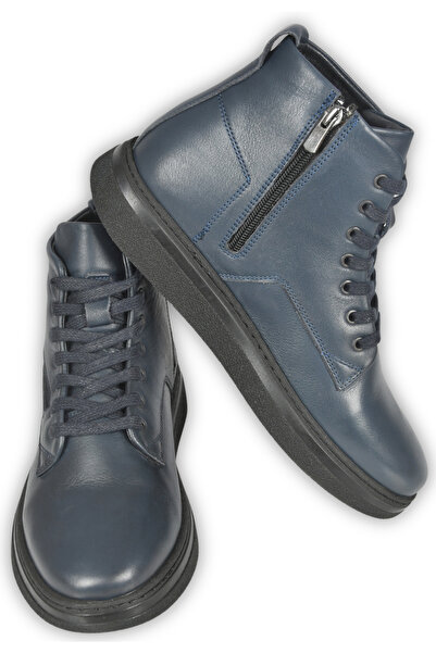 DeepSEA Erkek Lacivert Bağcıklı Yan Fermuarlı  Deri Su Geçirmez Ortopedik Taban Yarım Bot 250