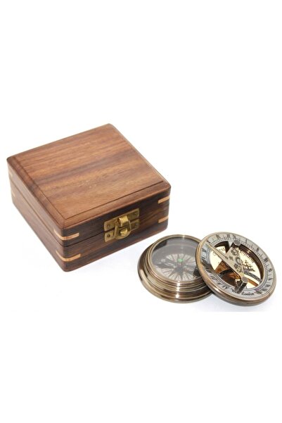 ehobim Ahşap Kutuda Güneş Saatli Pirinç Çalışır Pusula