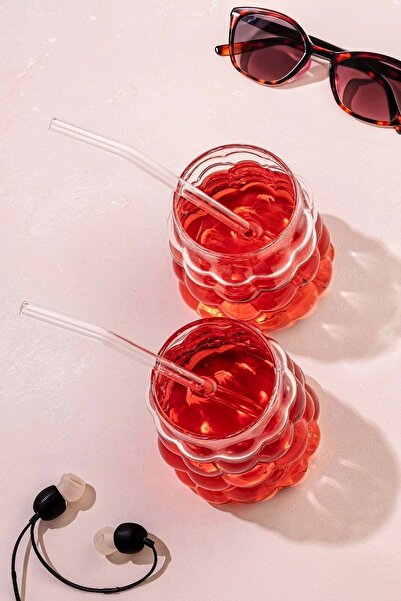 Rosemor 350 Ml. Beaded Glass Glass with Straw Grape Grain - Soft Drink Water Coffee 2 Pieces