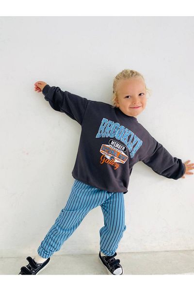 ZRA Boy's Brooklyn Patterned Slogan Winter 3 Thread Cotton Sweatshirt Tracksuit Top and Bottom Set