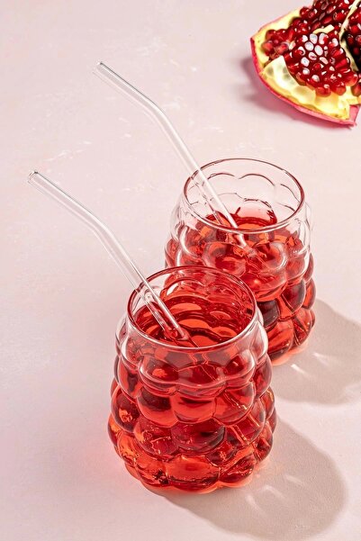 Rosemor 350 Ml. Beaded Glass Glass with Straw Grape Grain - Soft Drink Water Coffee 2 Pieces