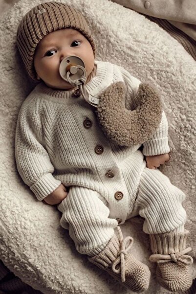 Minytrendy Kız/erkek Bebek Örme Düğme Detaylı Şapkalı Triko Yenidoğan Tulum T...